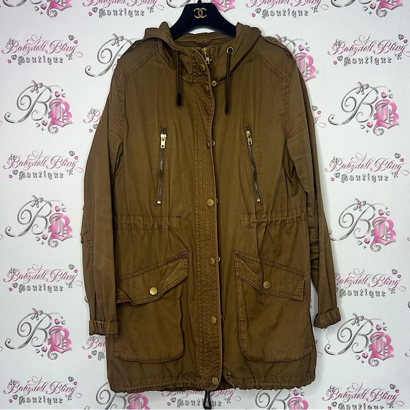 Garage cargo coat brown with gold hardware button up waist cinch jacket π§₯ - Picture 1 of 7